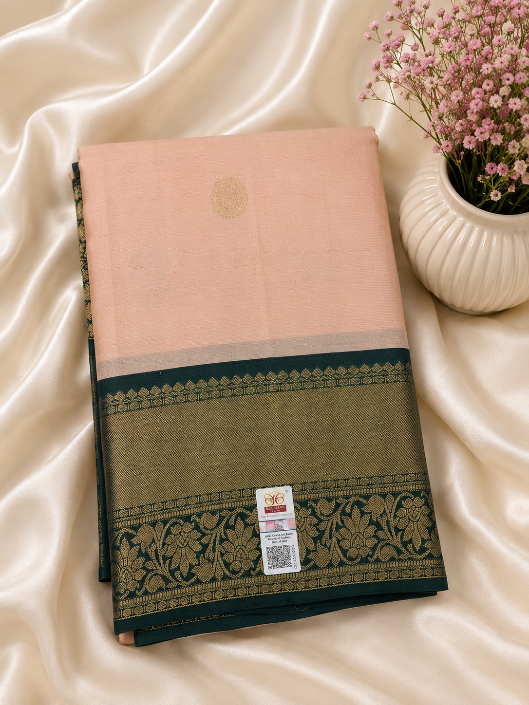 Baby Pink Kanjivaram saree with Contrast Peacock Green Border & Pallu