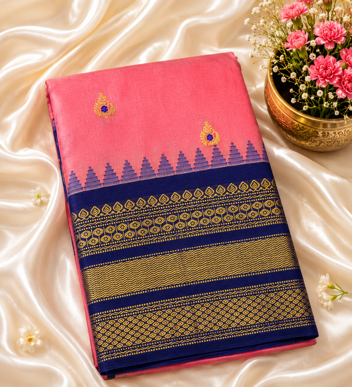Rani Pink Kanjivaram Soft Silk Saree with Navy Blue Zari Border