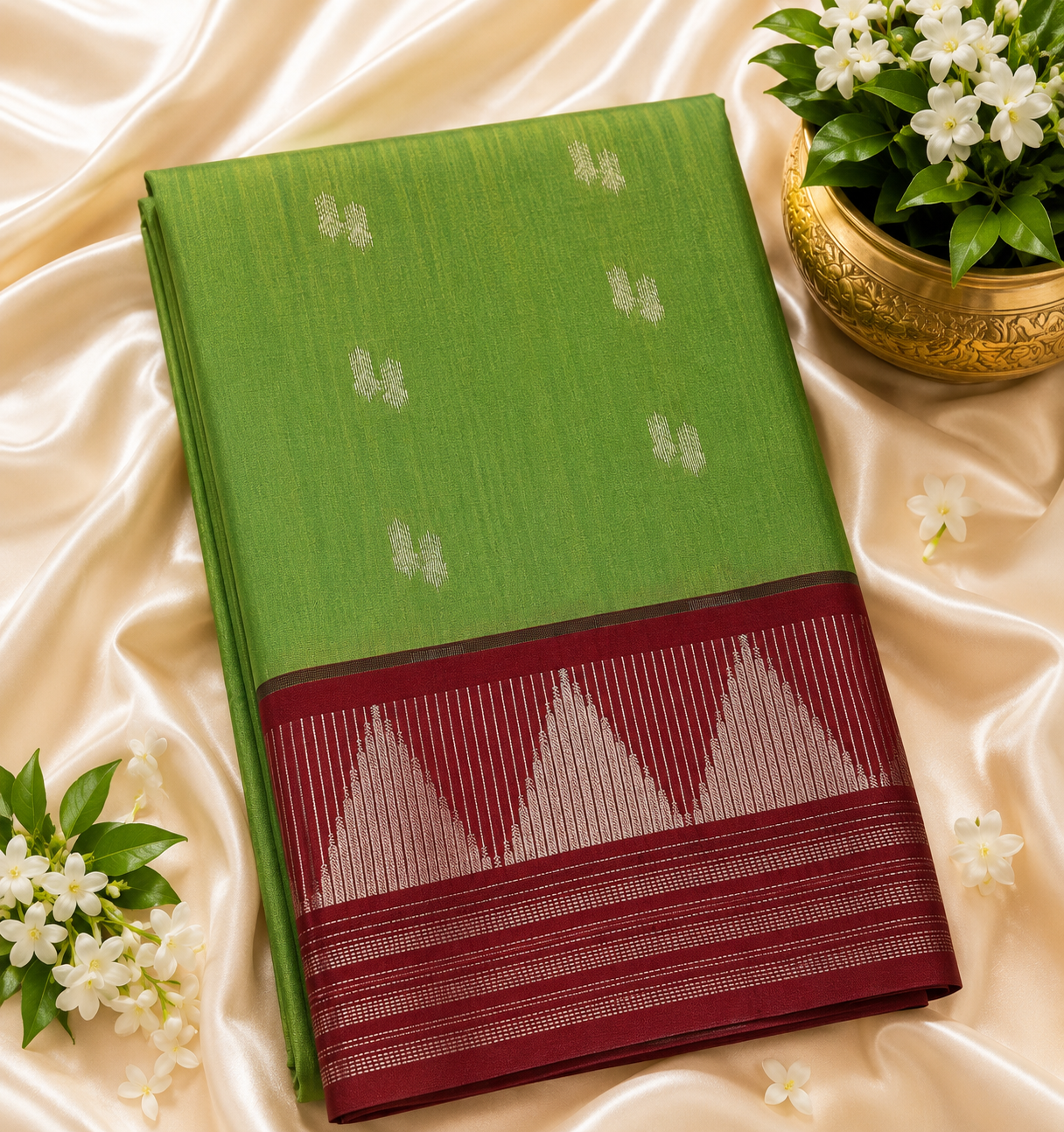 Olive Green Kanjivaram Soft Saree with Maroon Temple Border