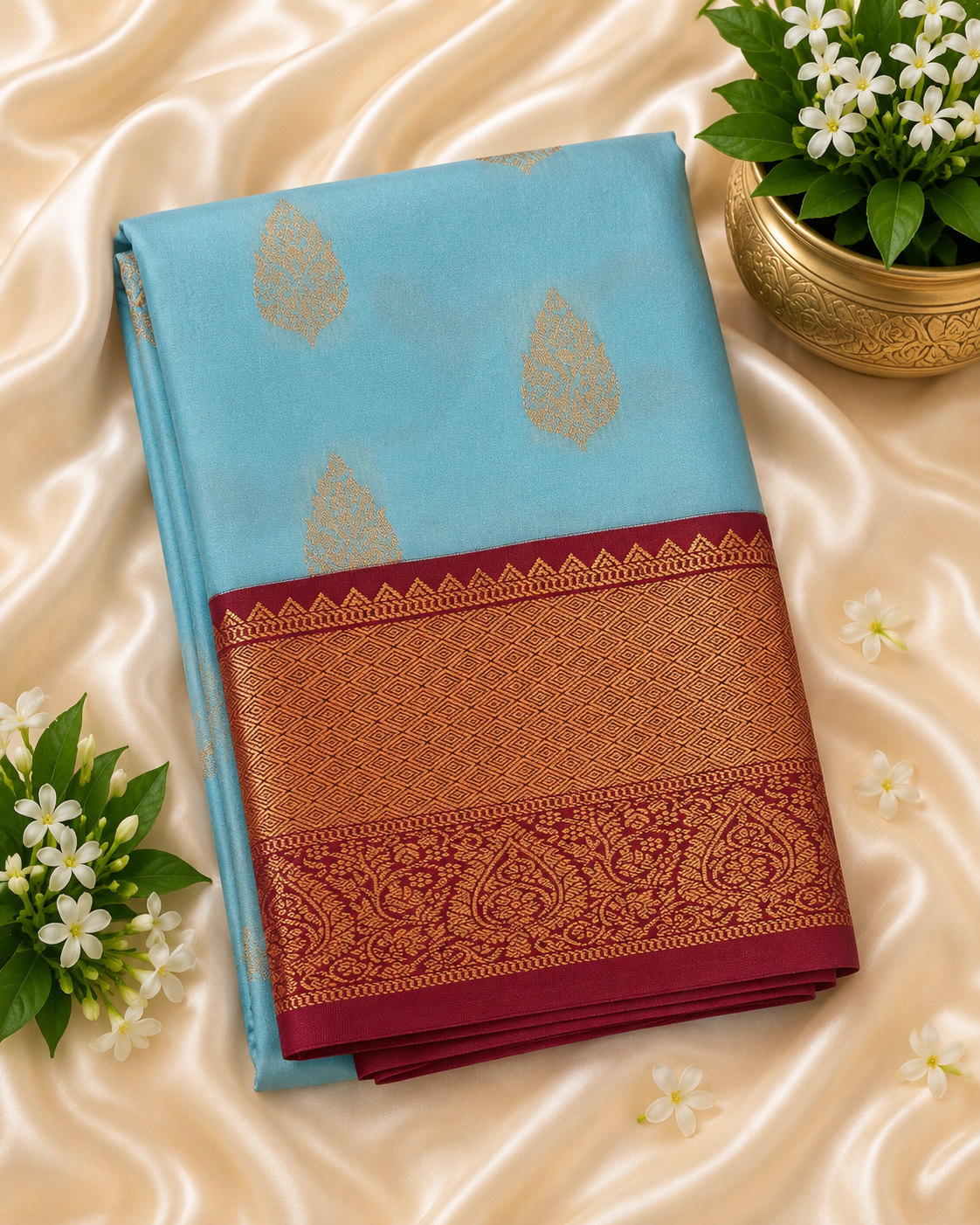 Graceful Sky Blue Kanjivaram Saree with Maroon Border & Zari