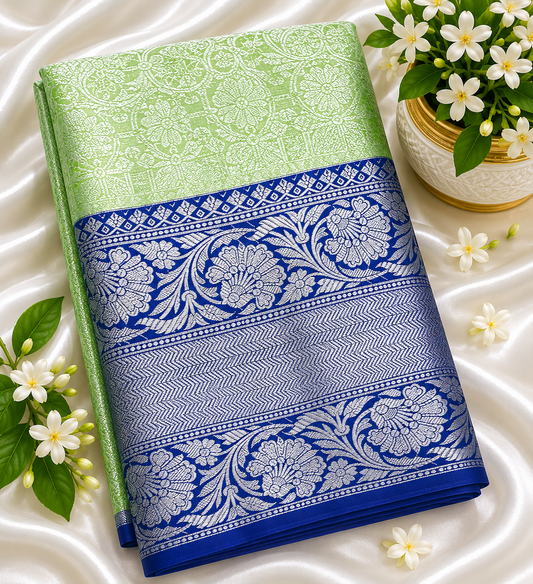 Luxury Light Green Kanjivaram Semi Silk Saree with Glossy Finish & Navy Blue Border