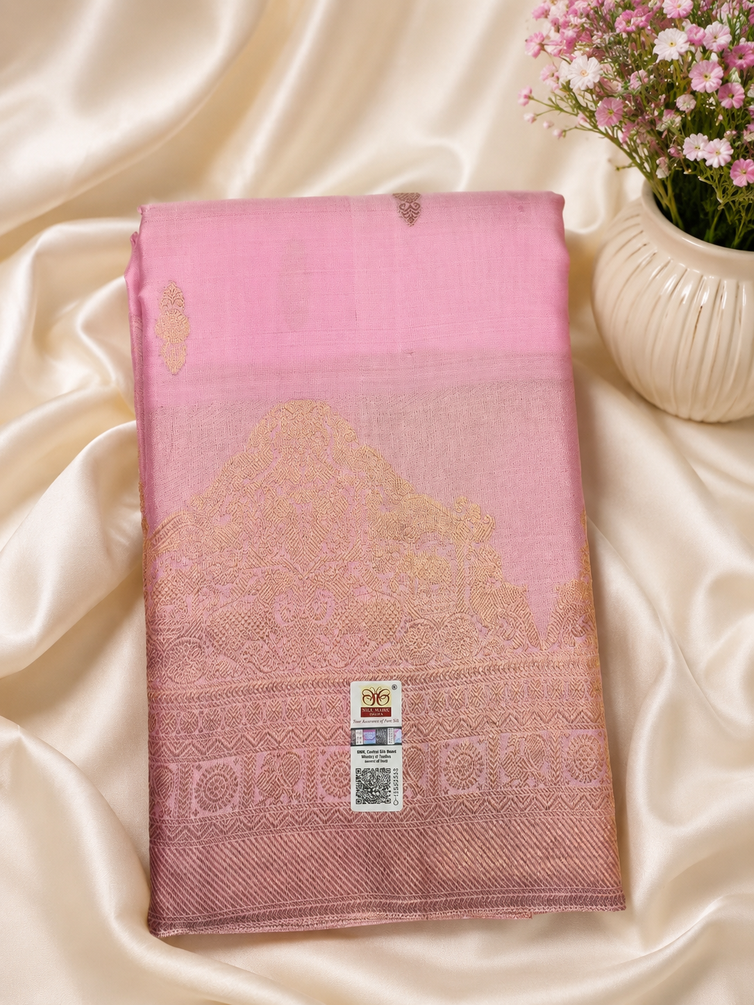 Pure Kanjivaram Blush Pink Silk Saree with Golden Zari