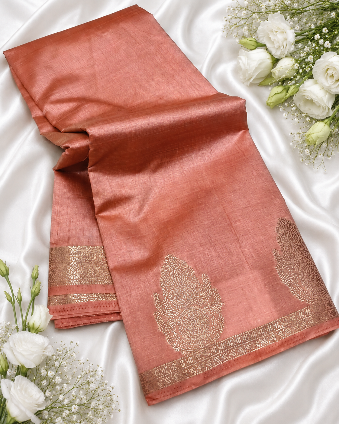 Peach Orange  Kanchipuram Tussar Silk Saree with Golden Zari Bhutta & Blouse Piece