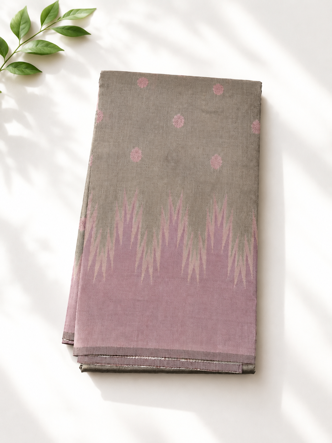 Semi-Silk Kanjivaram Saree – Ash Colour with Light Pink Temple Border & Bhutta Work