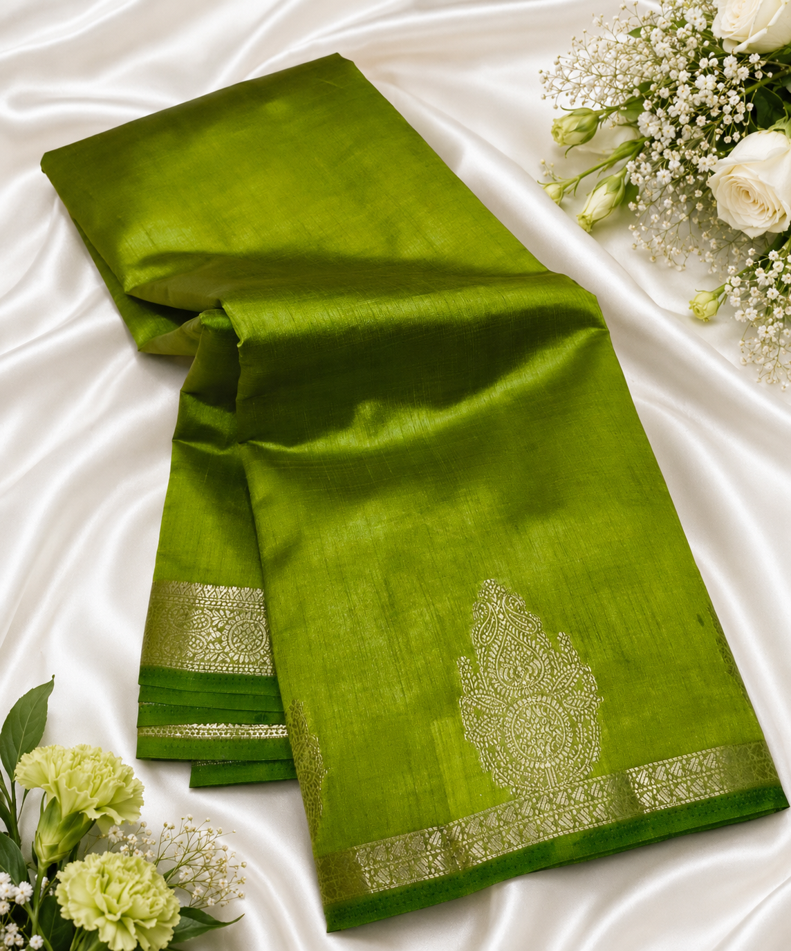 Emerald Green Kanchipuram Tussar Silk Saree with Golden Zari Bhutta & Blouse Piece