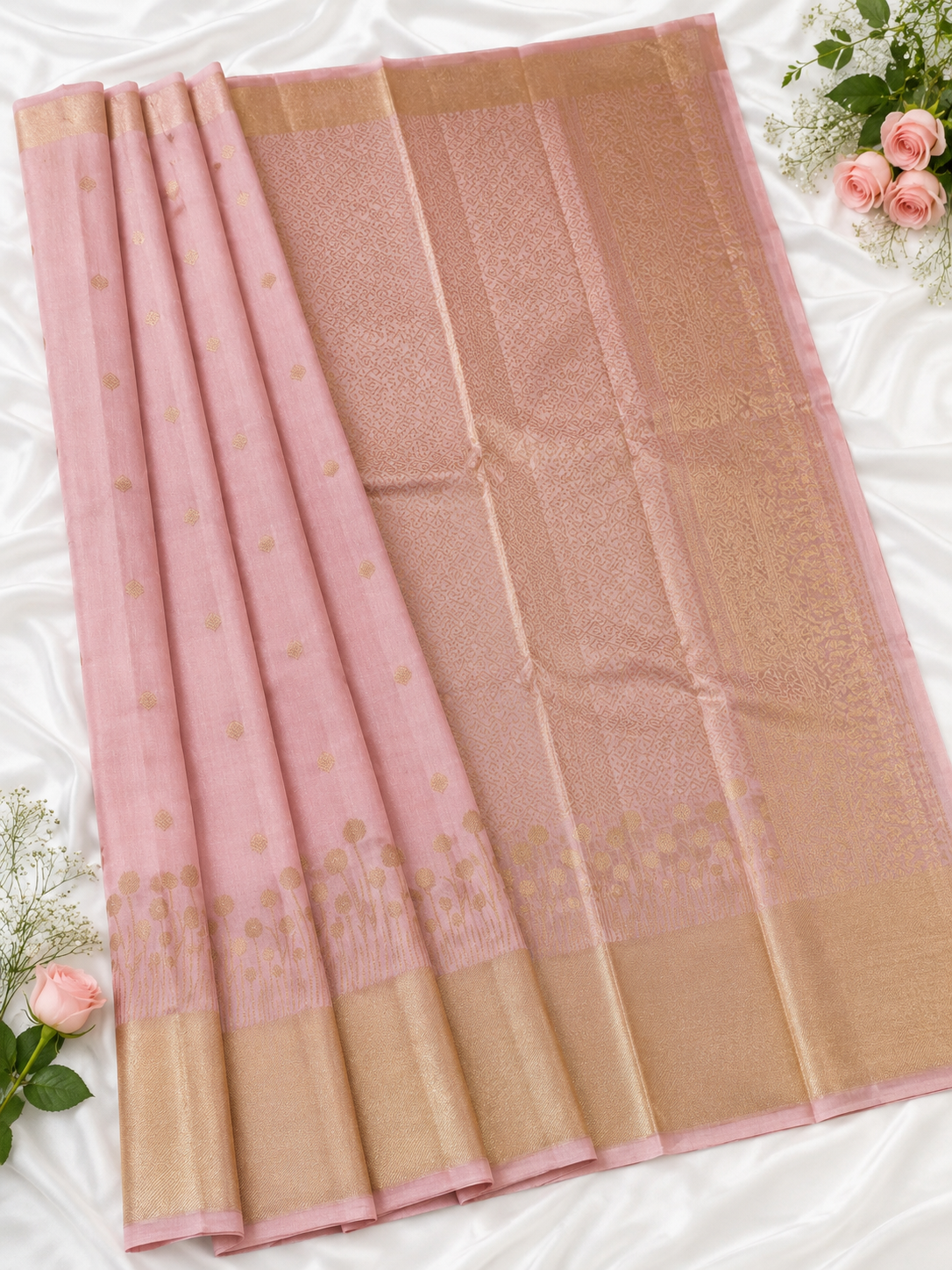 Baby Pink Kanjivaram Silk Saree with Rich Golden Zari Border
