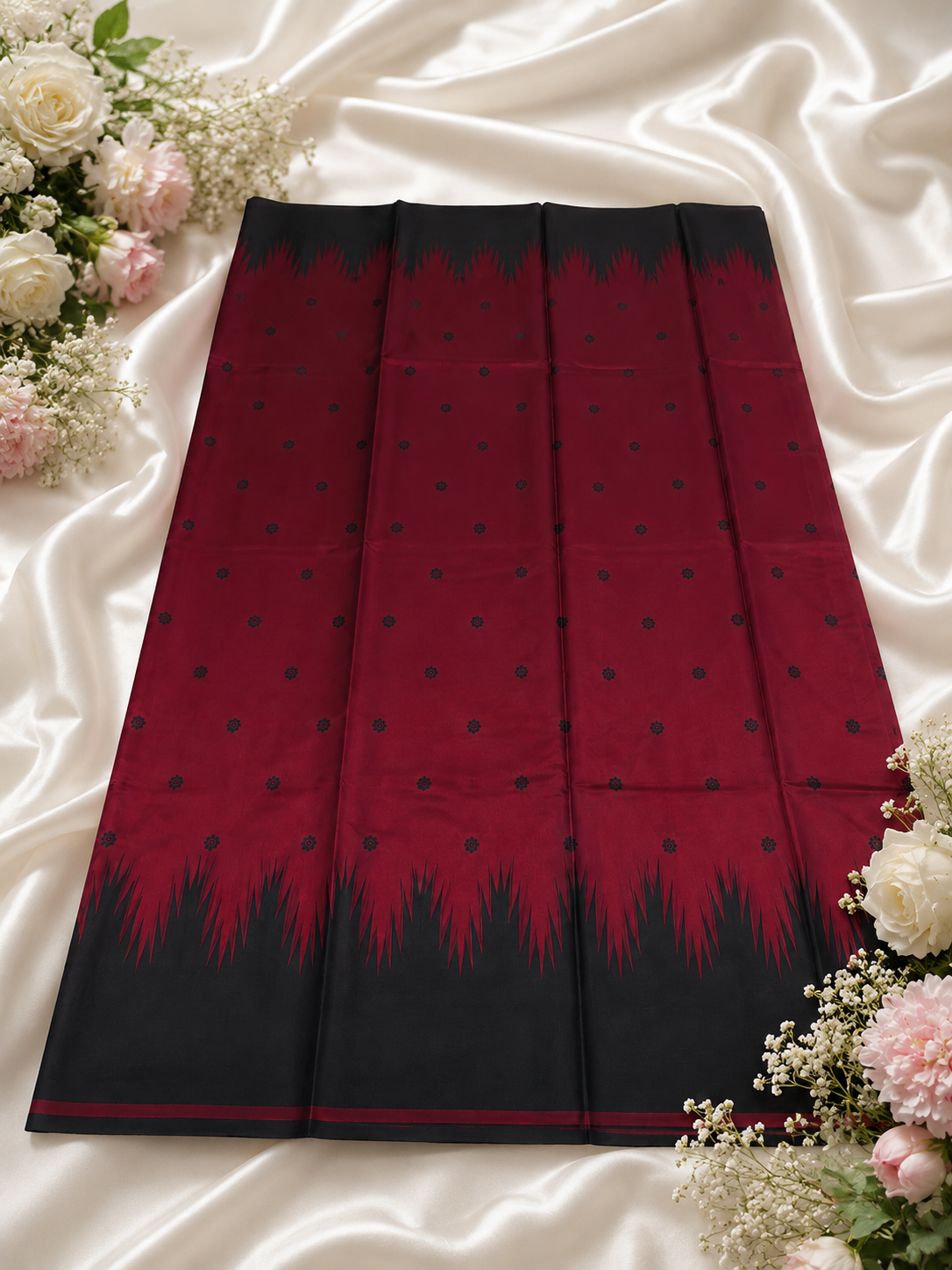 Semi-Silk Kanjivaram Saree – Red with Black Temple Border & Butta Work