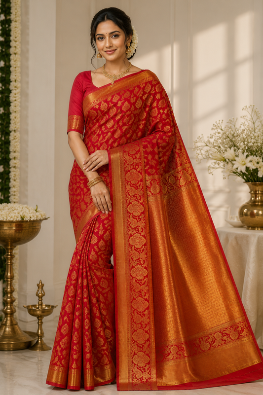 Red Silk Saree with Golden Zari Border & Floral Motifs