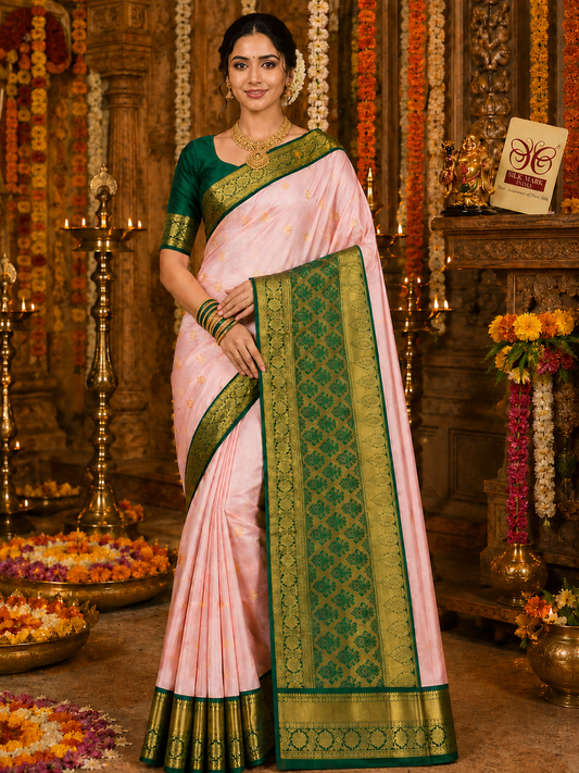 Baby Pink Kanjivaram saree with Contrast Peacock Green Border & Pallu