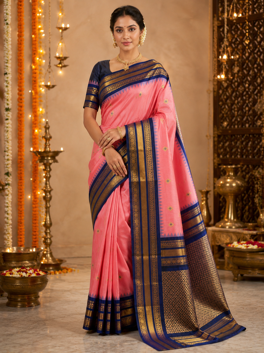 Rani Pink Kanjivaram Soft Silk Saree with Navy Blue Zari Border