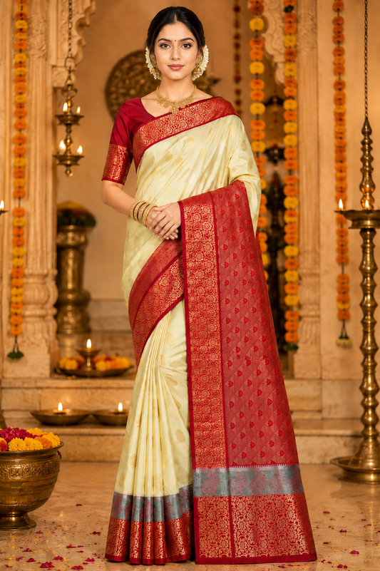 Classic Cream Kanjivaram Silk Saree with Maroon Border and Gold Weaving
