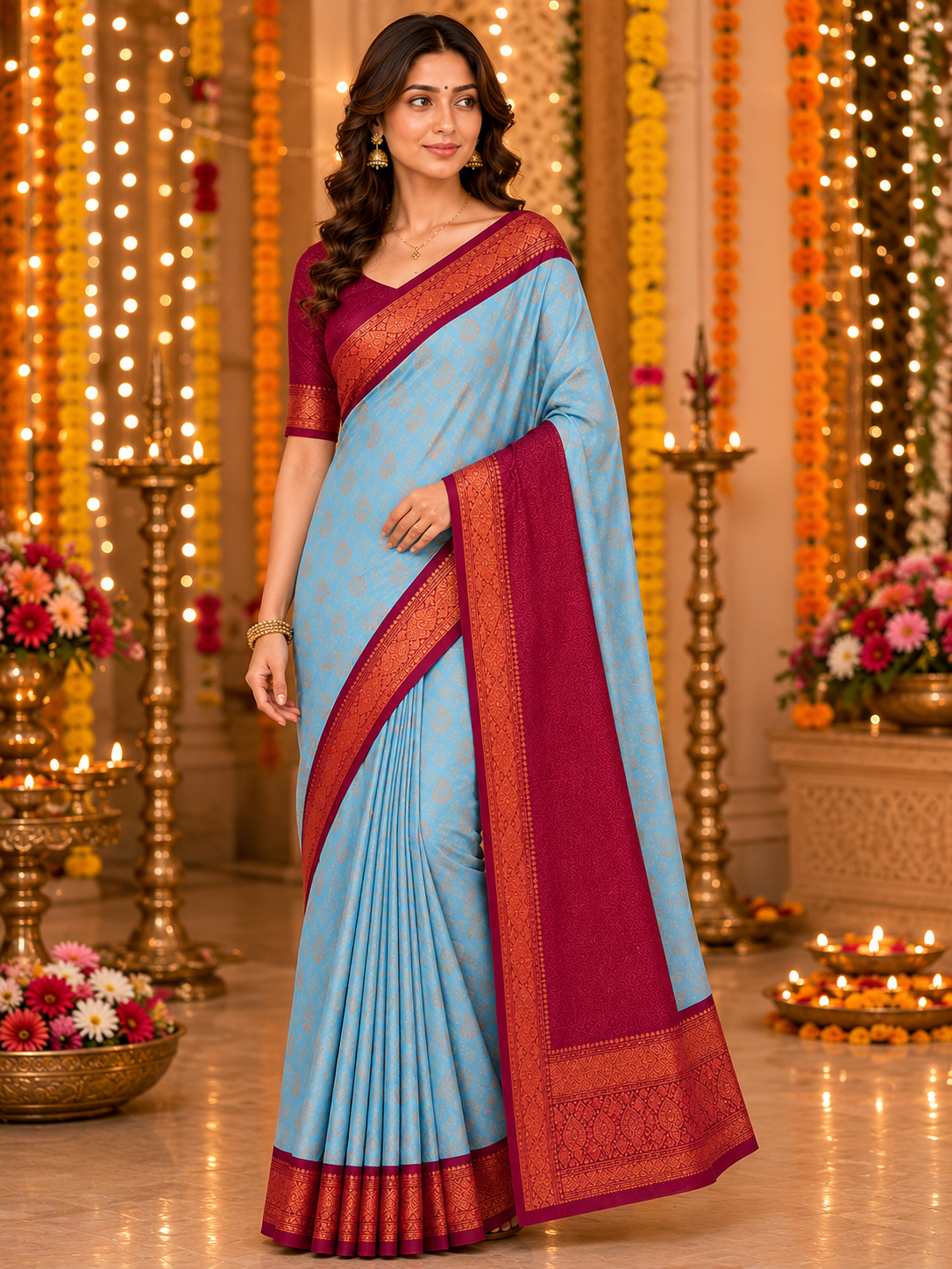 Graceful Sky Blue Kanjivaram Saree with Maroon Border & Zari