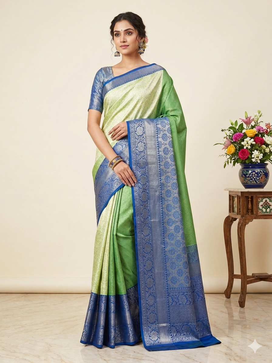 Luxury Light Green Kanjivaram Semi Silk Saree with Glossy Finish & Navy Blue Border