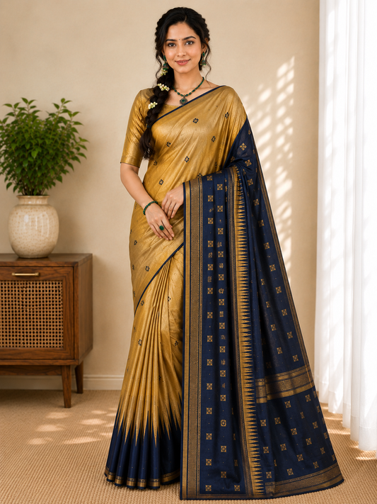 Semi-Silk Kanjivaram Saree – Gold with Navy Blue Temple Border & Bhutta Work