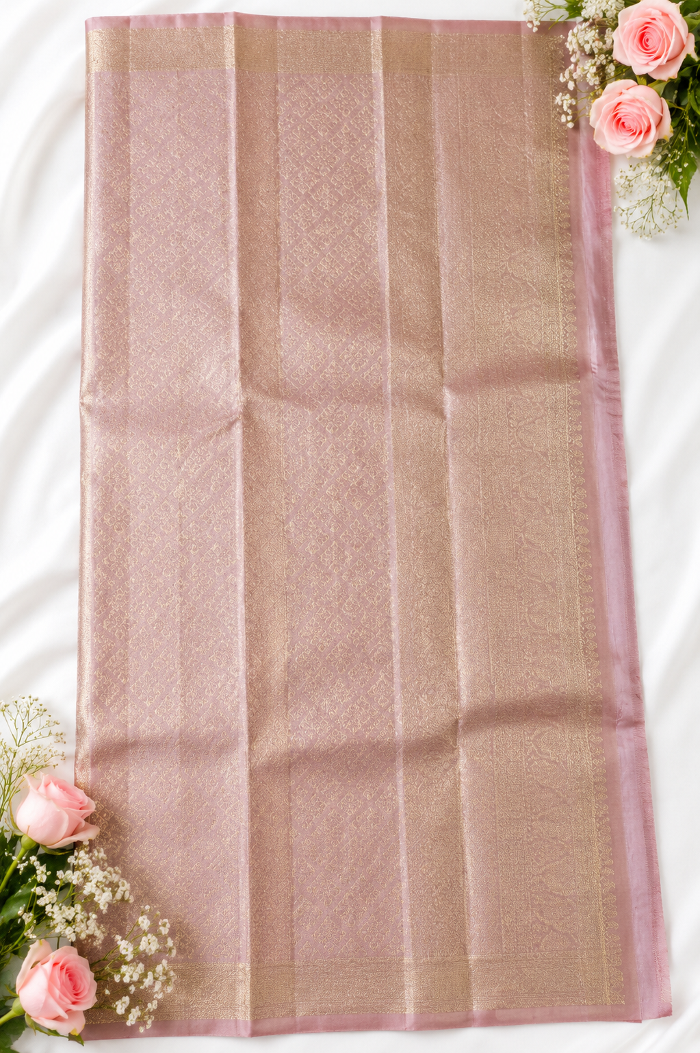 Baby Pink Kanjivaram Silk Saree with Rich Golden Zari Border