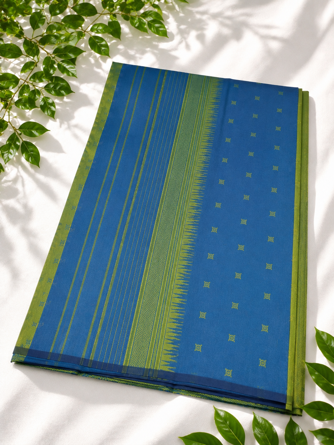 Semi-Silk Kanjivaram Art Silk Saree – Green with Blue Temple Border & Bhutta Work