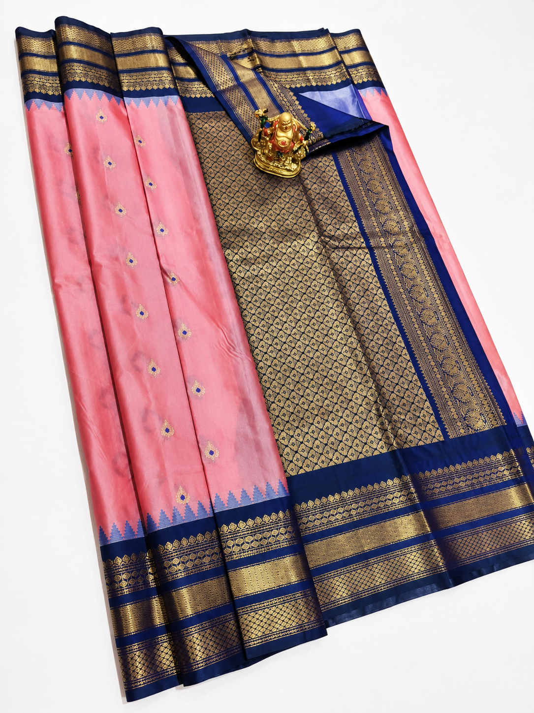 Rani Pink Kanjivaram Soft Silk Saree with Navy Blue Zari Border