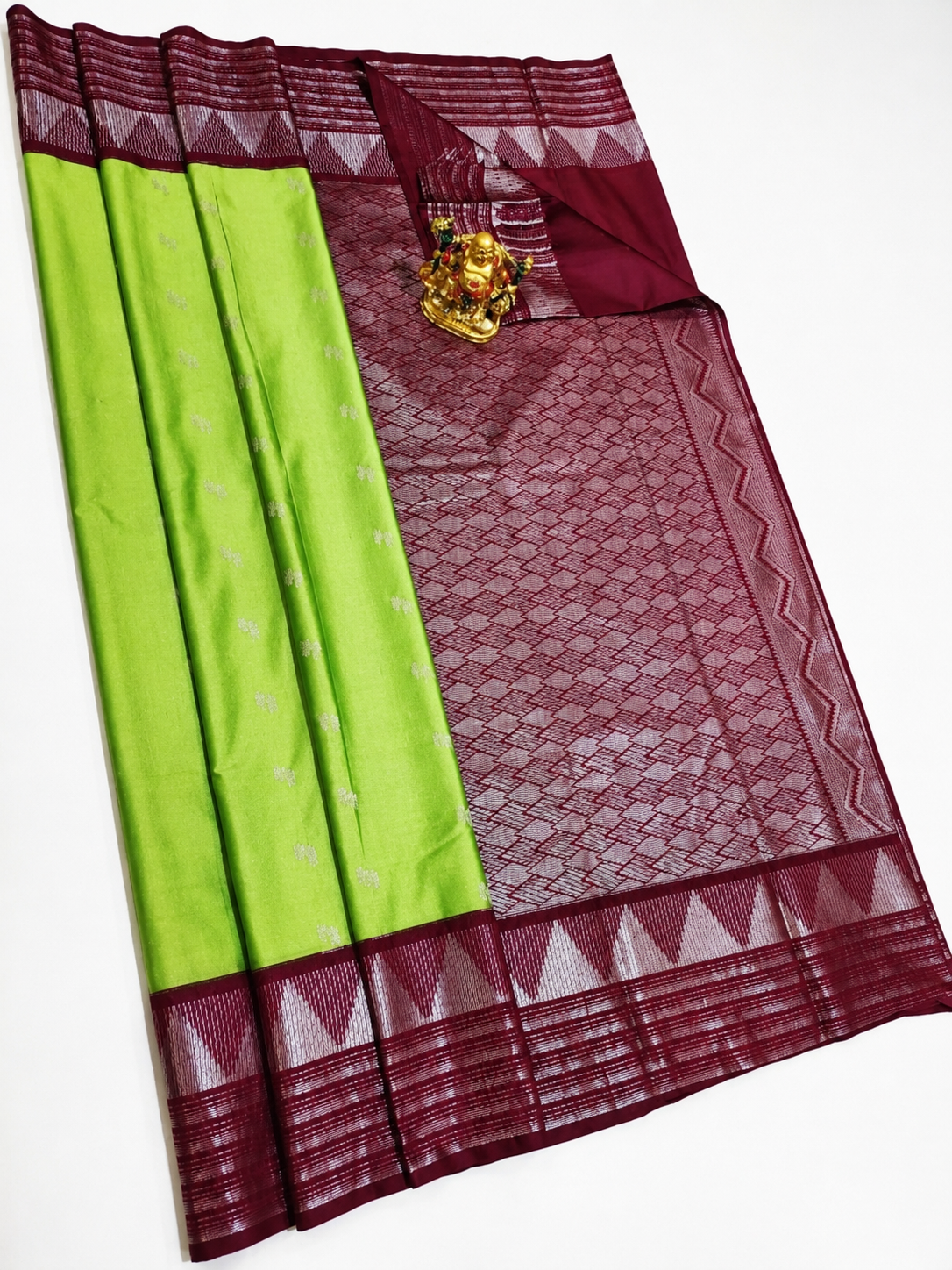 Olive Green Kanjivaram Soft Saree with Maroon Temple Border