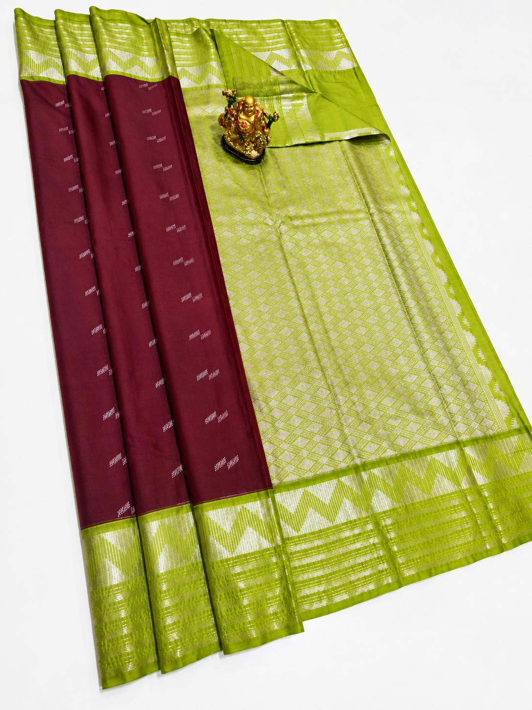 Deep Maroon Soft Silk Saree with Contrast Olive Green Border