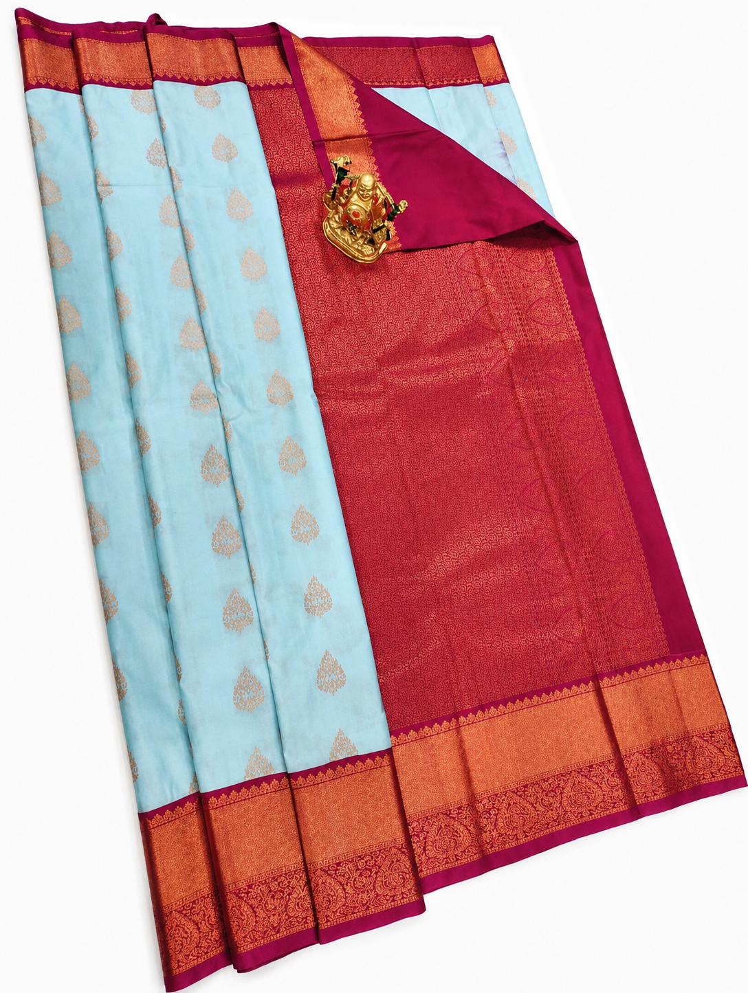 Graceful Sky Blue Kanjivaram Saree with Maroon Border & Zari
