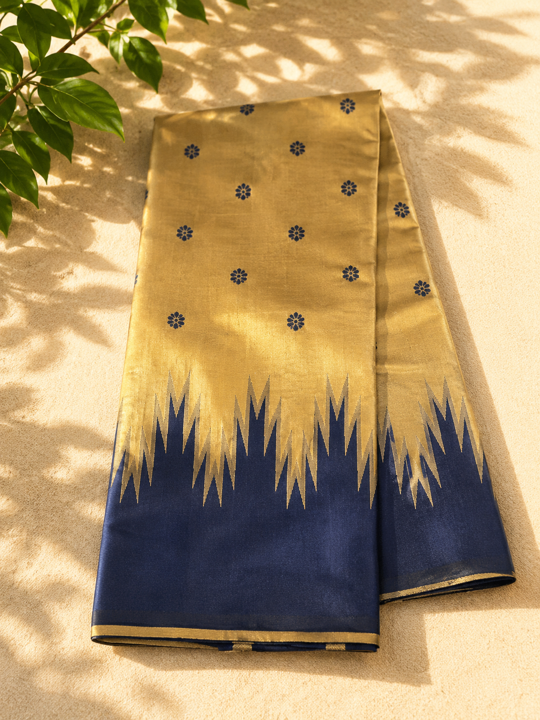 Semi-Silk Kanjivaram Saree – Gold with Navy Blue Temple Border & Bhutta Work