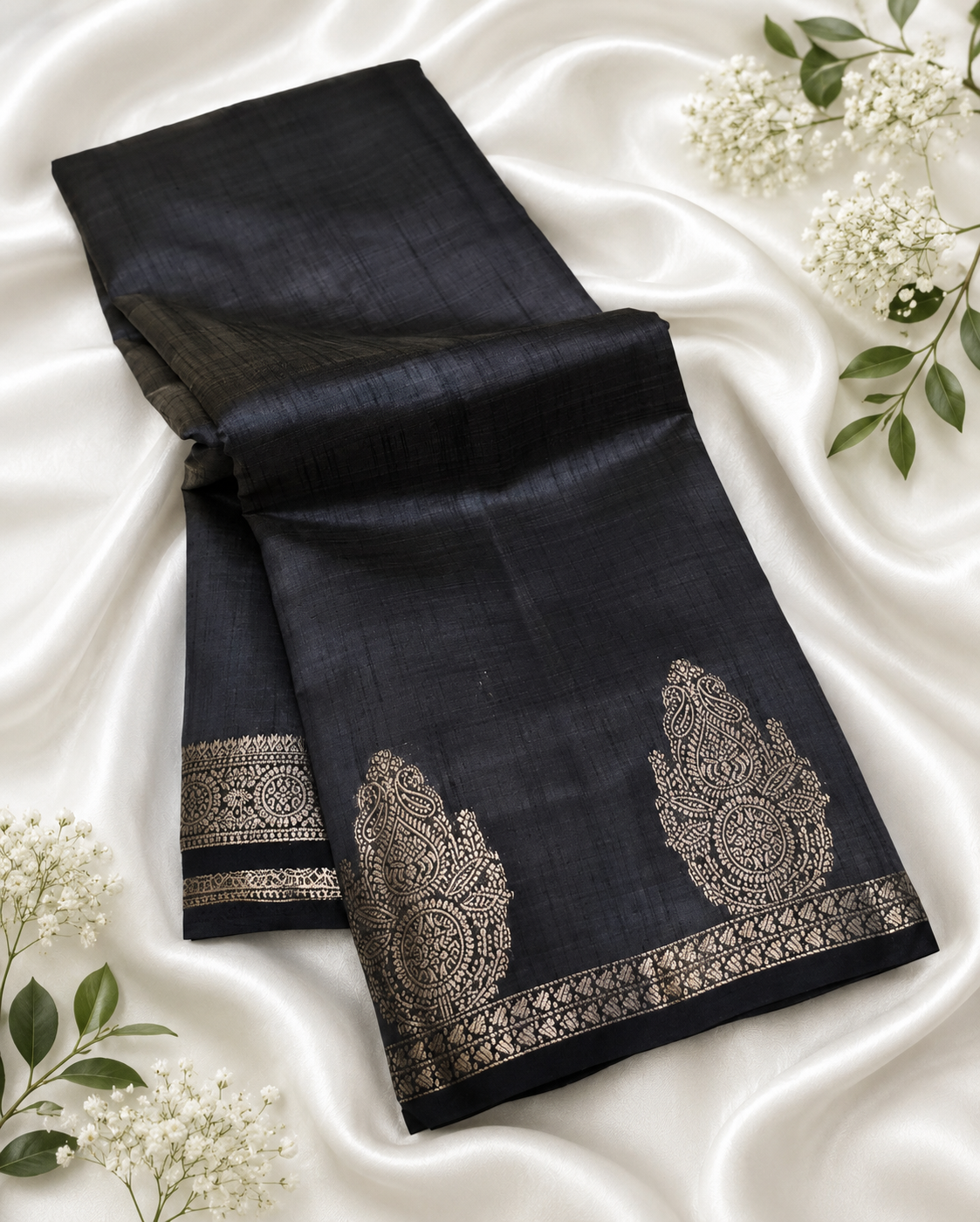 Black Kanchipuram Tussar Silk Saree with Golden Zari Border & Blouse Piece