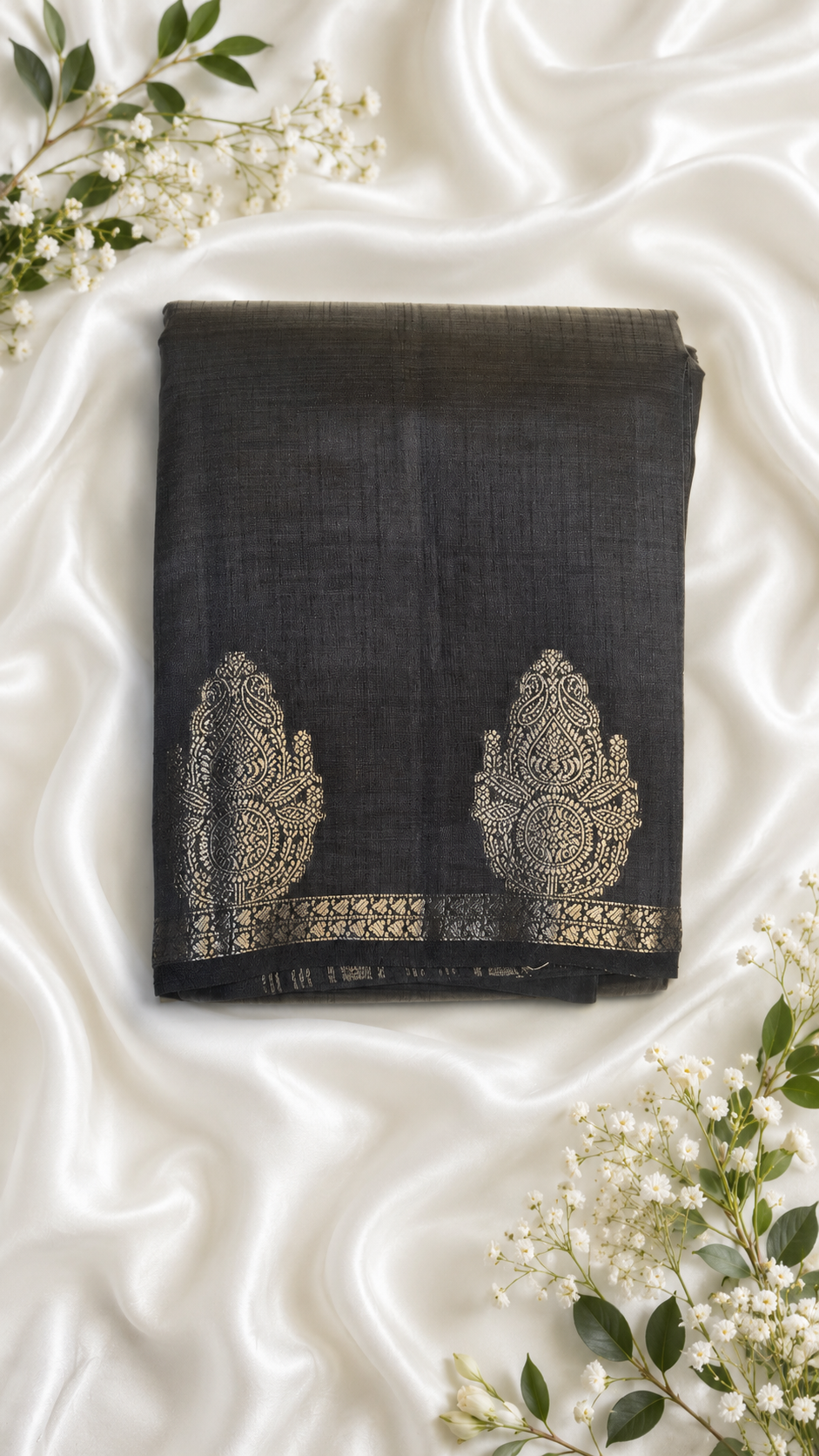 Black Kanchipuram Tussar Silk Saree with Golden Zari Border & Blouse Piece