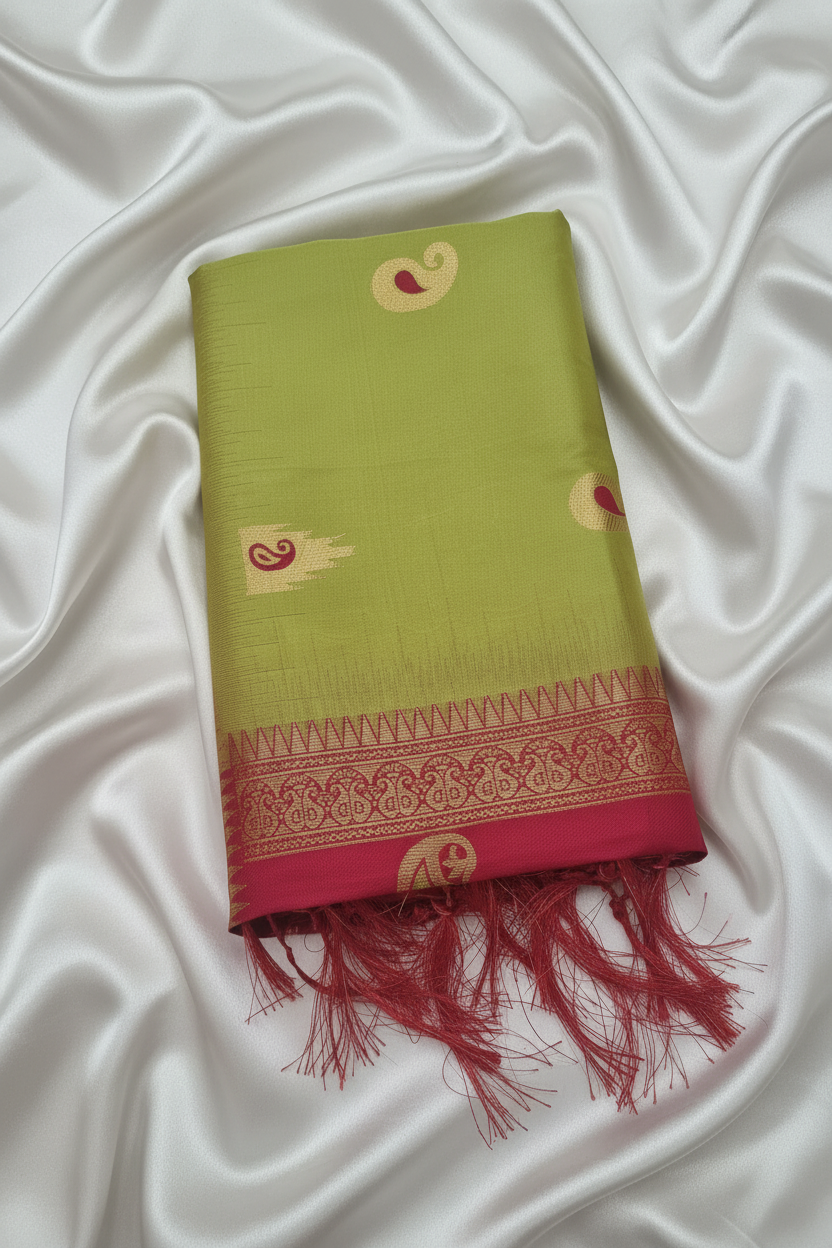 Olive Green & Red Silk Saree | Gold Zari Pallu with Paisley Motifs