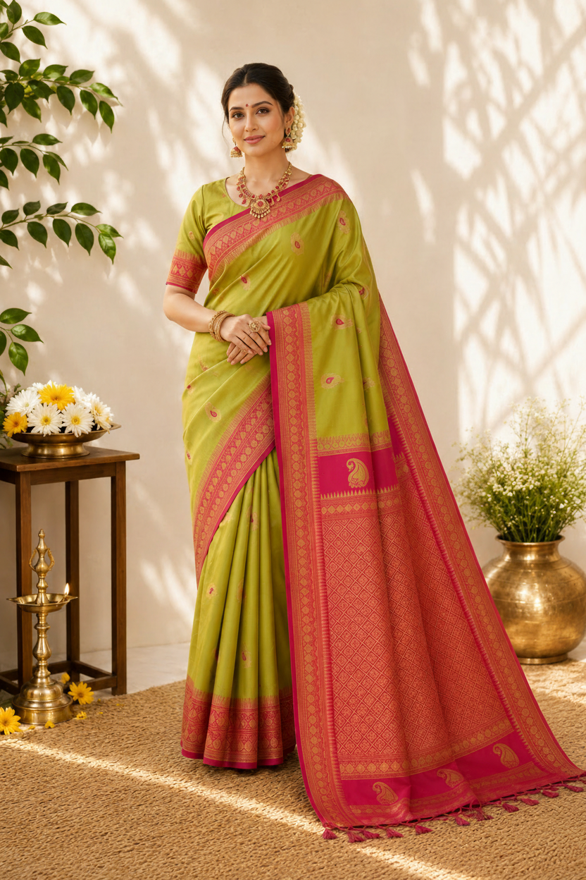 Olive Green Saree - Full Pallu Length Matching Reference