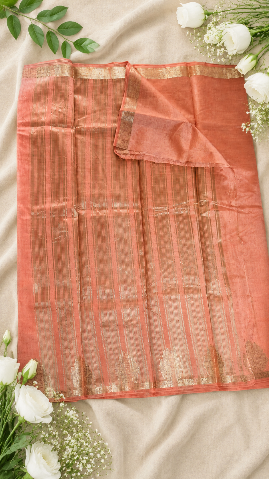 Peach Orange  Kanchipuram Tussar Silk Saree with Golden Zari Bhutta & Blouse Piece