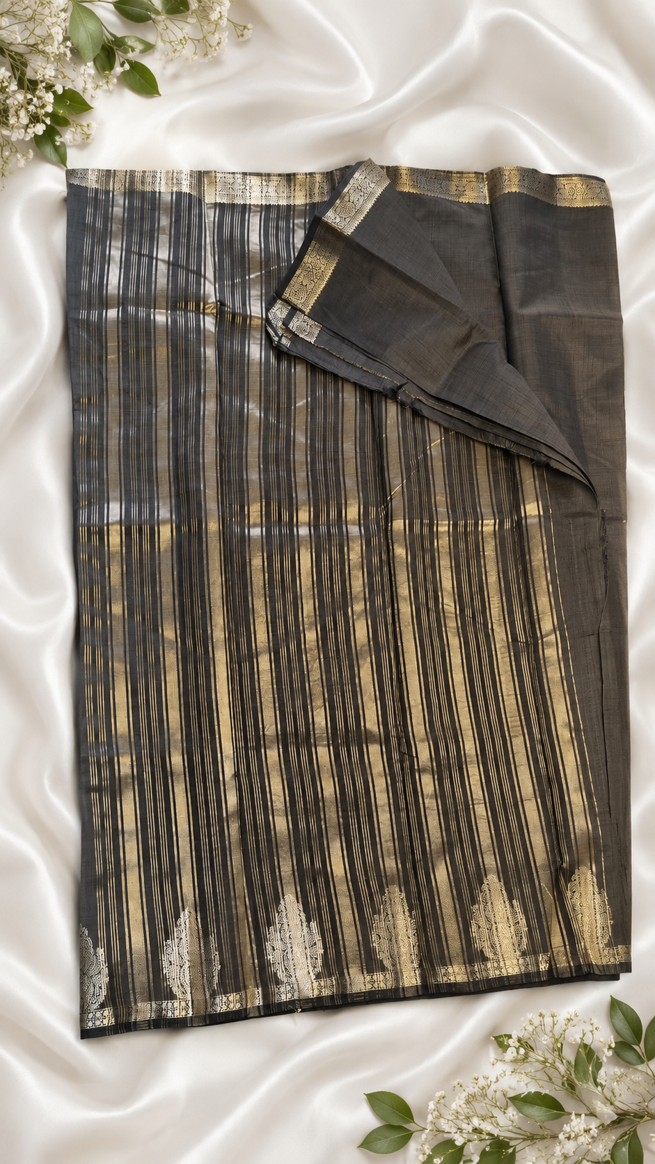 Black Kanchipuram Tussar Silk Saree with Golden Zari Border & Blouse Piece