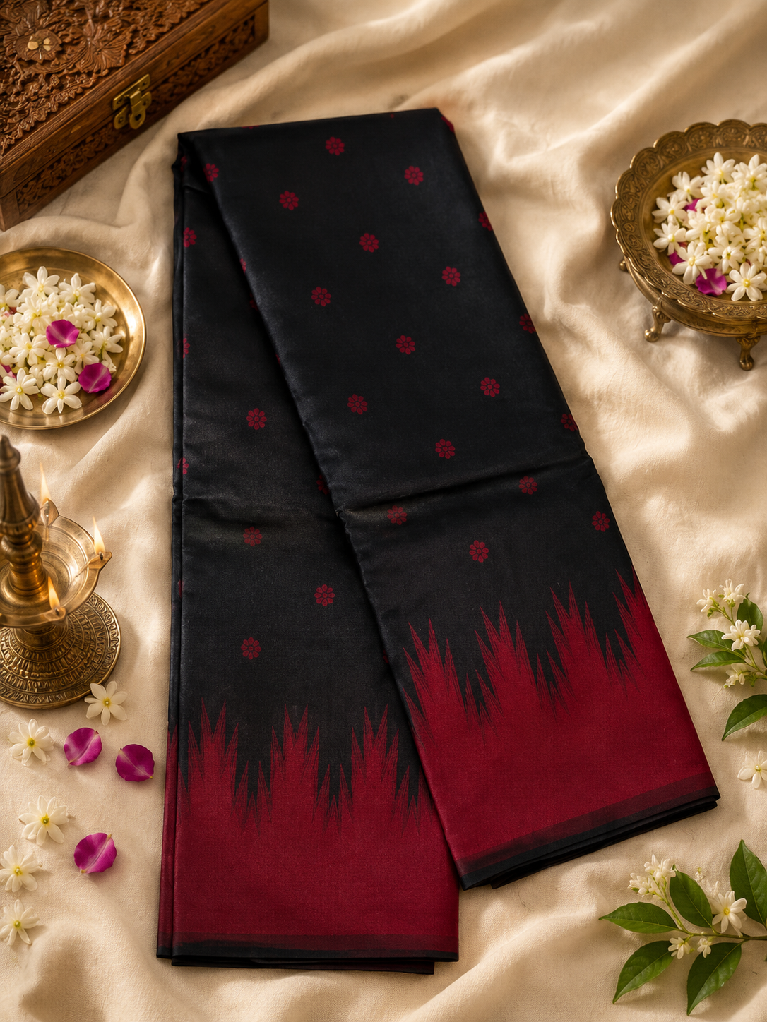 Semi-Silk Kanjivaram Saree – Black with Red Temple Border & Bhutta Work