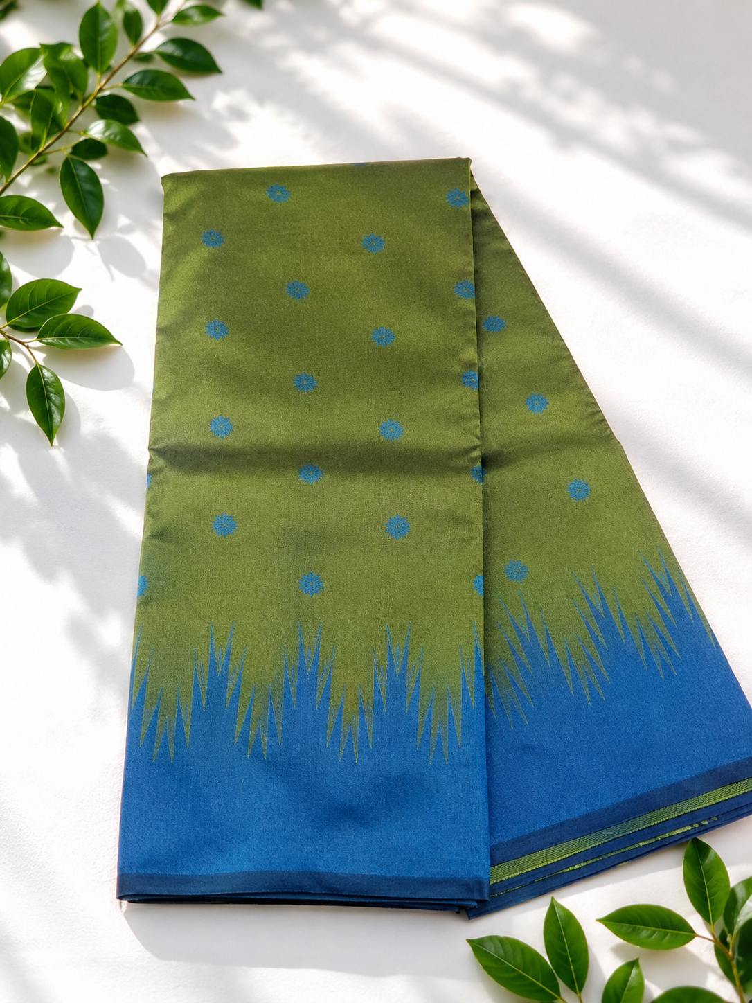 Semi-Silk Kanjivaram Art Silk Saree – Green with Blue Temple Border & Bhutta Work